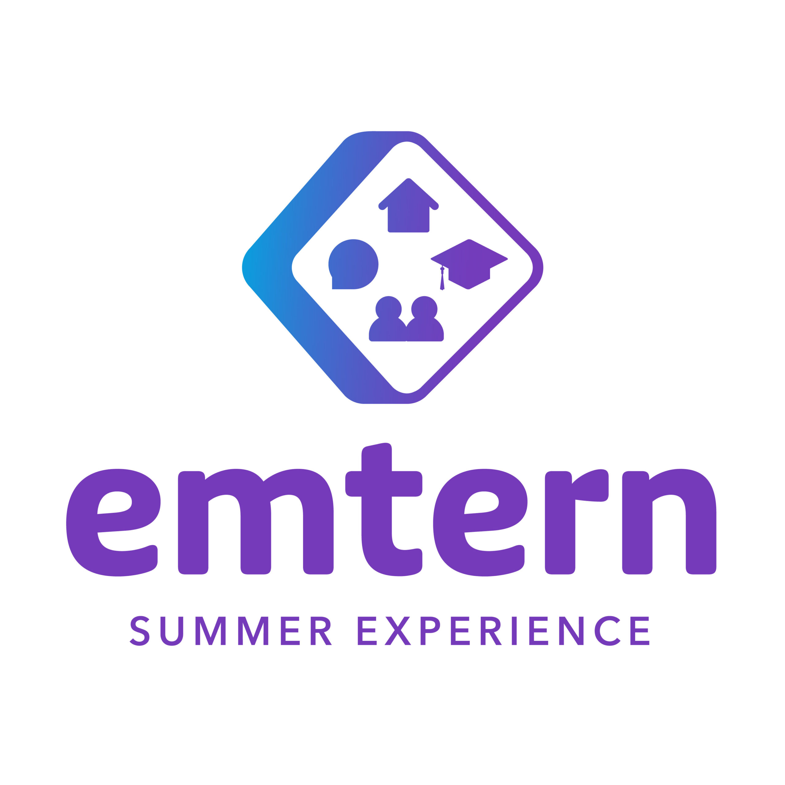 Icons in a square - house, chat bubble, two people, graduation cap above text Emtern Summer Experience