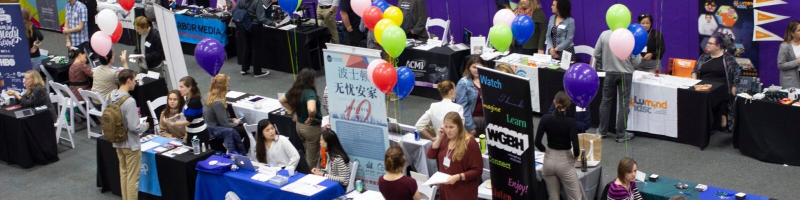 Overhead shot of students and employers at the Internship Fair