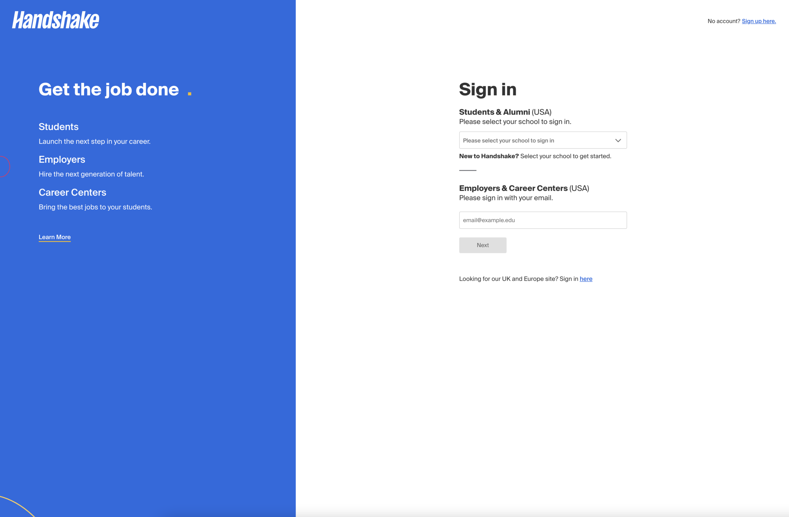 Landing page to log in or sign up for Handshake.